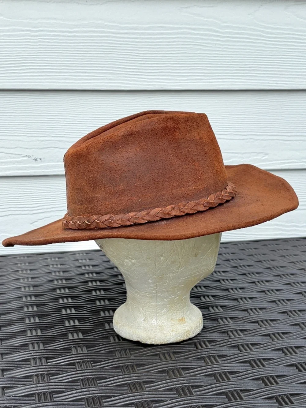 Vintage 90s Minnetonka Brown Suede Leather Outback Cowboy Hat Size LARGE USA
